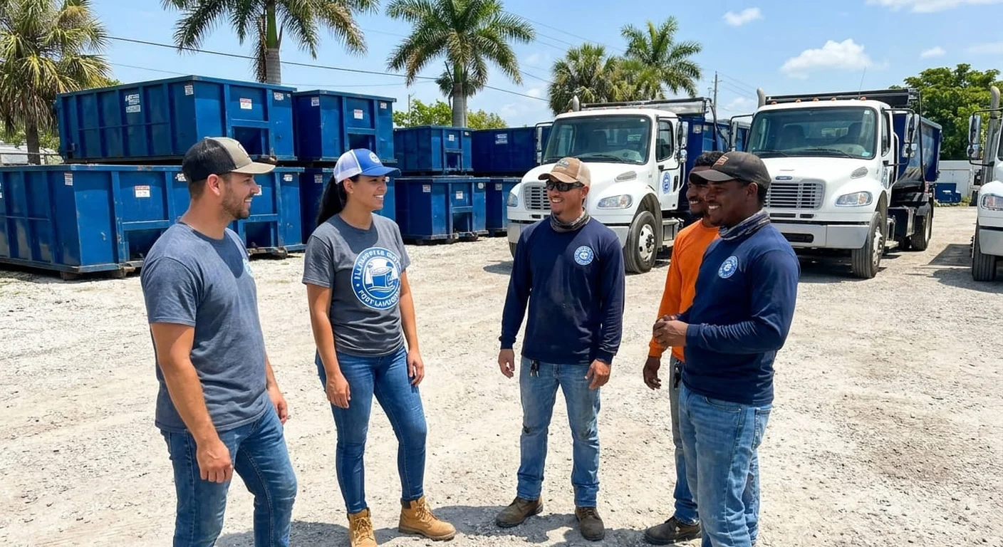 Meet the FLL Dumpster Rental Team - Fort Lauderdale, FL The FLL Dumpster Rental team talking through a job near the company yard in Fort Lauderdale